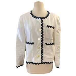 J Crew linen jacket rickrack trim Sz 14 White Blue Blazer Lined Preppy Coastal